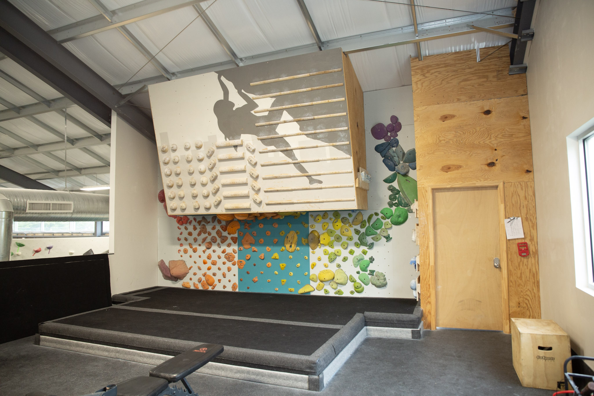 Bouldering training area with campus board, hangboards and colorful holds at Send It Climbing Gym